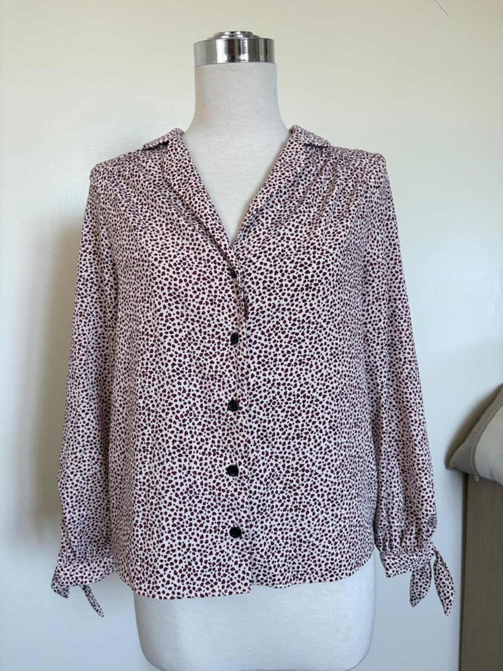 Topshop Pink Dot Tie-Cuff Button-Down Blouse